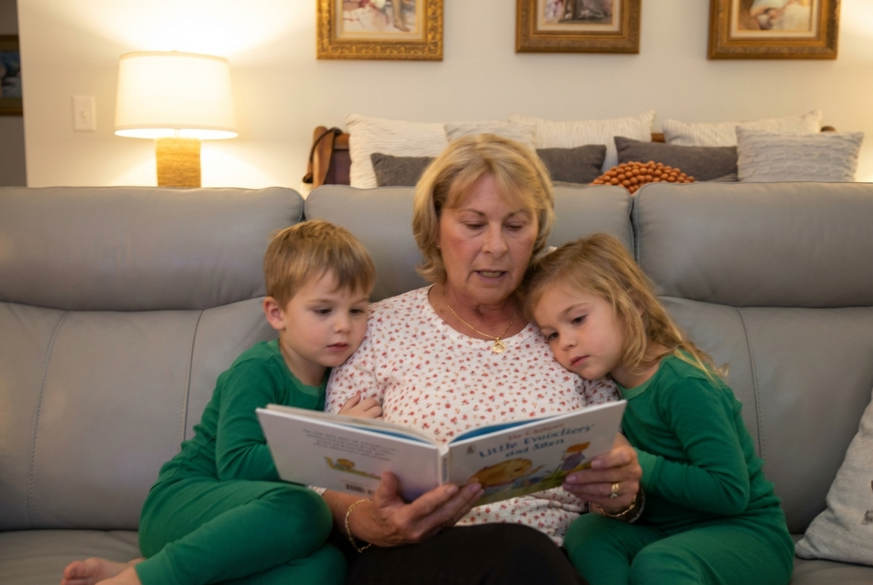 Lory reading to her grandkids on the couch